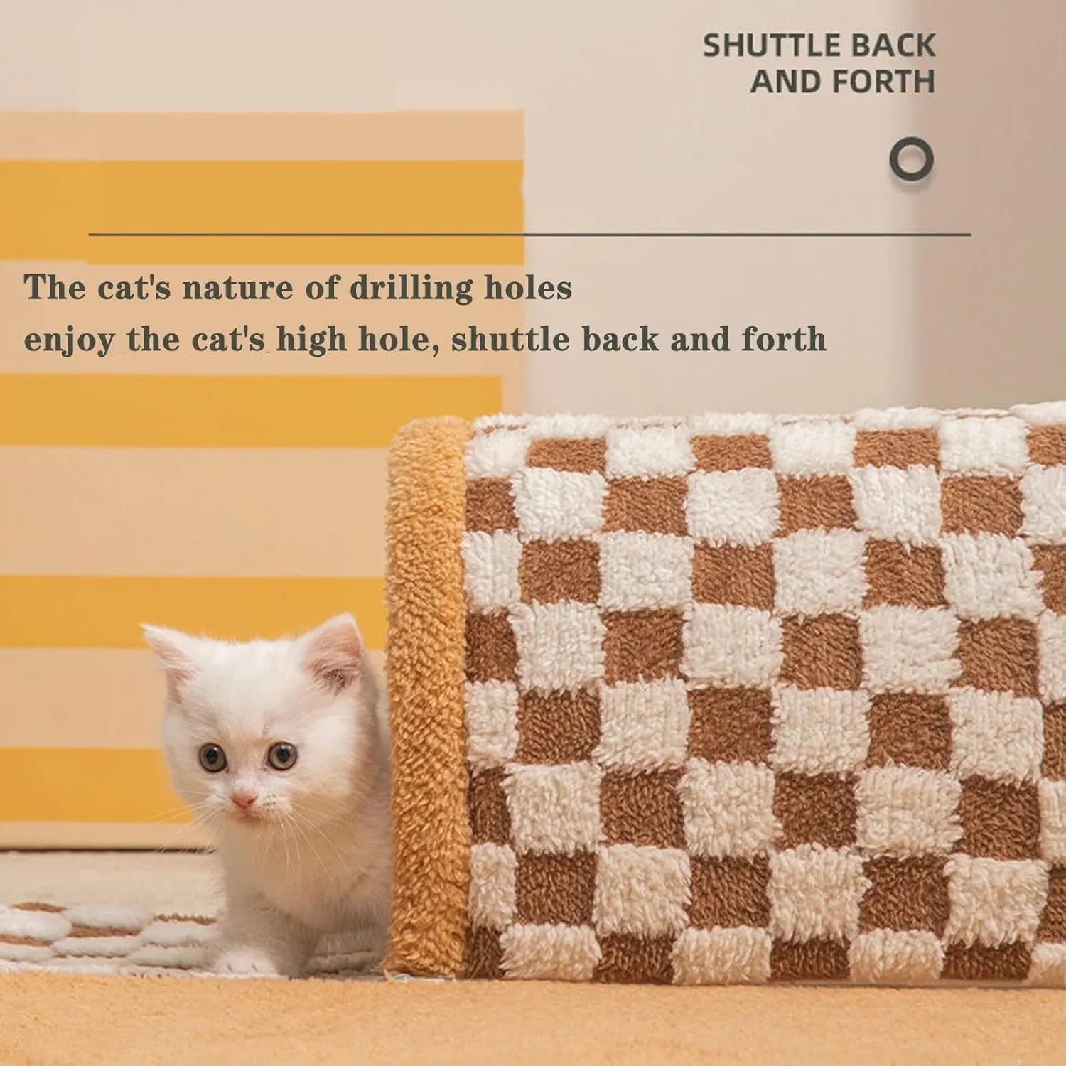 Brown plaid cat tunnel bed with central mat showing non-slip bottom and zipper closure