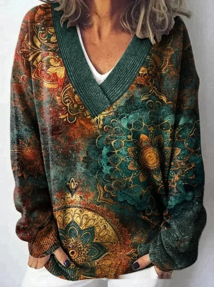 Women's long sleeve V-neck sweatshirt with a printed 3D floral pattern in retro style.