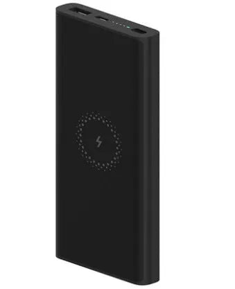 Black and white 10000mAh power bank with wireless charging and USB Type-C port