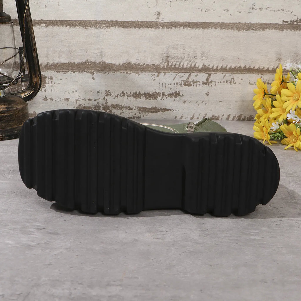 Women's retro platform boots with patchwork design, chunky mid heel, and side zipper in black, white, or green