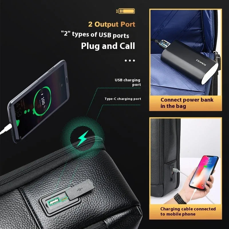Black genuine leather business commuter backpack with USB port and curved shoulder straps