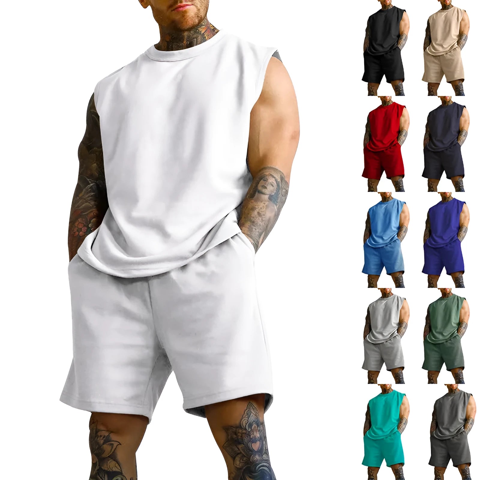 Men's sleeveless sports suit set in cotton blend with matching shorts in solid colour options