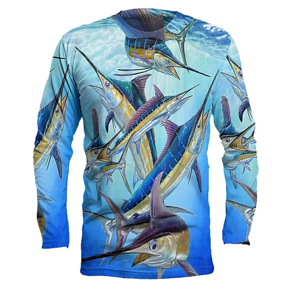 Men's grey pullover top with a colourful fish print design on the long sleeves.
