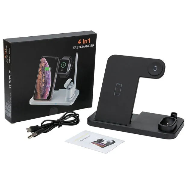 4-in-1 wireless charging station showing iPhone, Apple Watch, AirPods and Apple Pencil charging simultaneously on adjustable stand