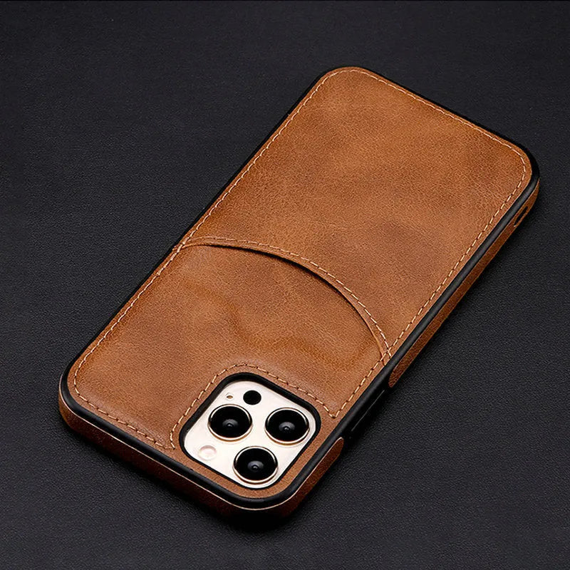Dark blue PU leather protective case for iPhone, showing business-style design and fall protection.