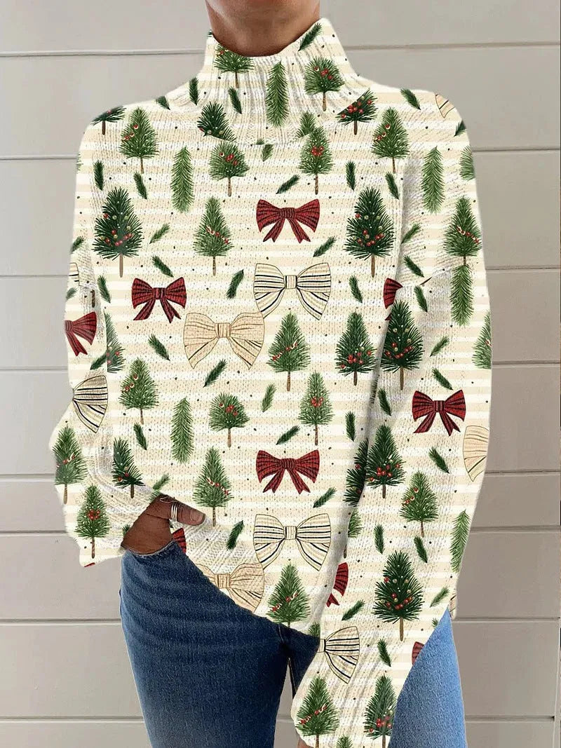 Women's loose-fit Christmas printed turtleneck sweater in polyester with turtleneck collar and long sleeves
