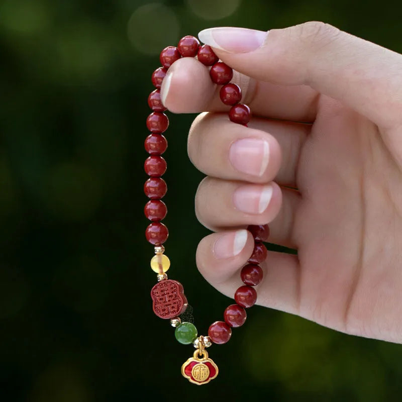 Happy Eyebrow Bracelet with raw emperor sandstone beads and fu character in New Chinese style