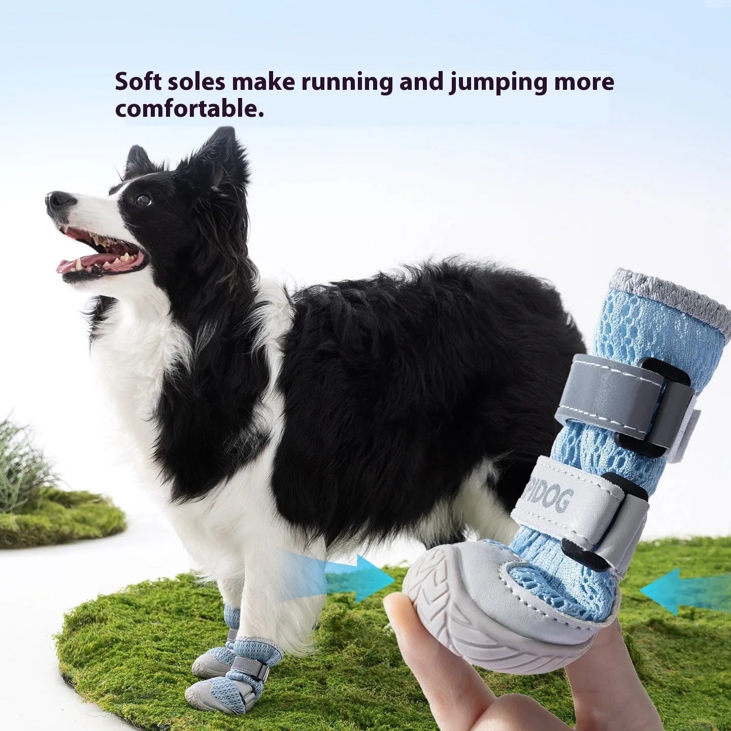 Cartoon style dog shoes in Bondi Blue and Dean Green colours with anti-scald summer protection