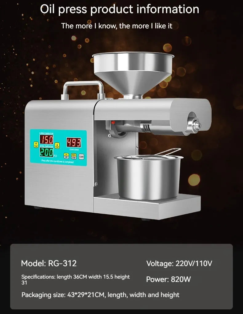 Xiangwei RG-312 household oil press with digital display, stainless steel body, and compact dimensions 36x15.5x31cm