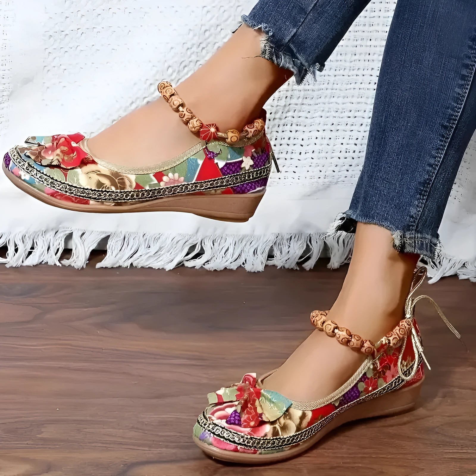 Women's plus size black ethnic platform sandals with elastic band and round toe on a PU sole.