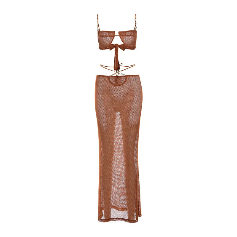 Women's see-through bikini skirt suit in black, long skirt design, polyester fabric