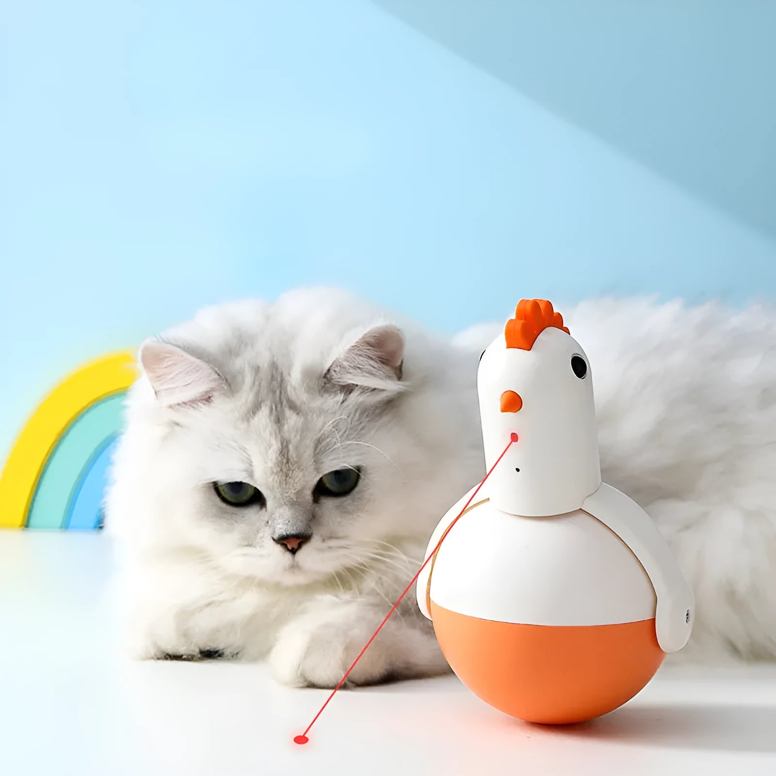 Green and orange electric cat toy chicken with laser and sound features for feline play