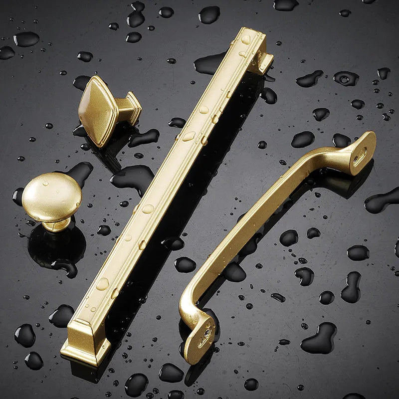 Gold aluminium alloy single hole T-shaped cabinet handle showing three hole distance size options.