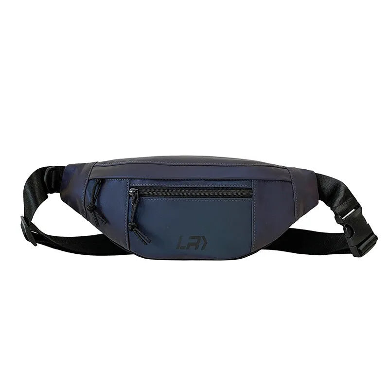 Blue reflective crossbody cycling bag made from Oxford cloth with an open front pocket.