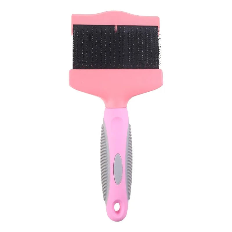 Double-sided pet grooming brush with stainless steel pins in blue or pink colour options