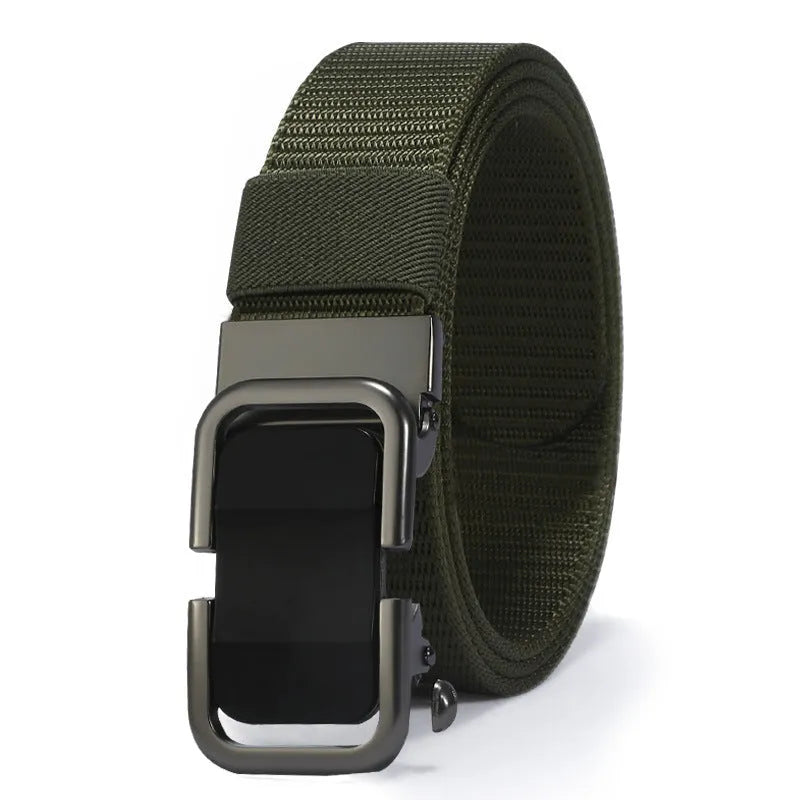 Men's nylon canvas belt with an alloy buckle shown in army green colour with a silver buckle.
