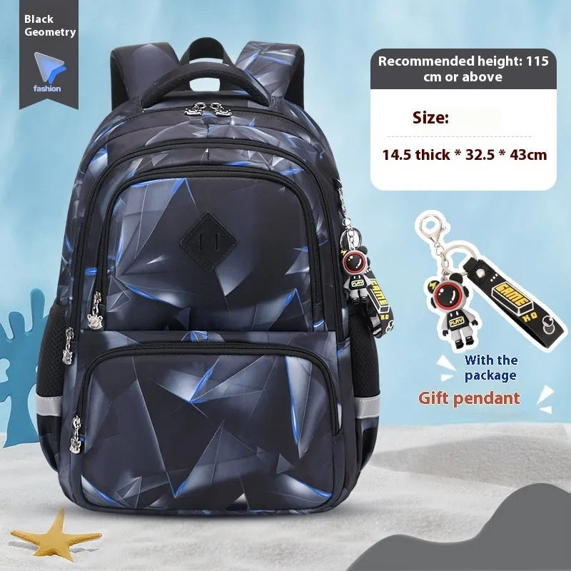 Blue children's waterproof school backpack with dinosaur pattern and curved shoulder straps on a white background.