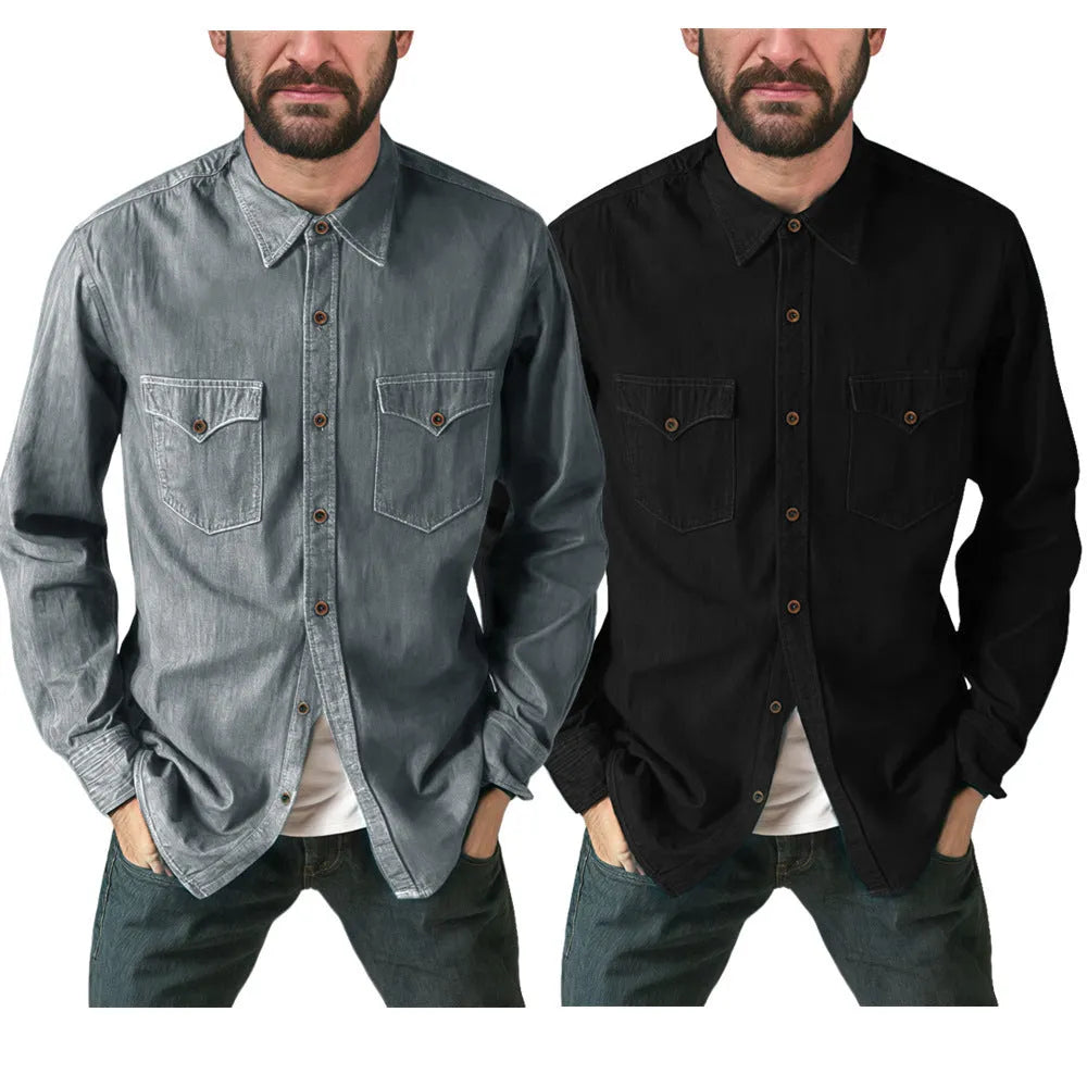 A cotton denim cardigan coat in a regular fit, shown on a hanger.