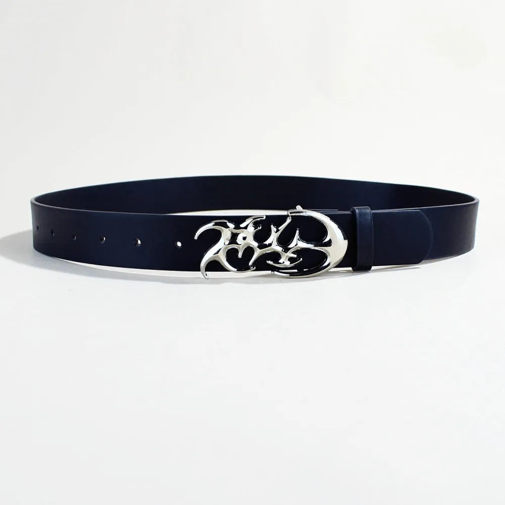 Silver buckle casual belt with snap button fastening on PU leather strap