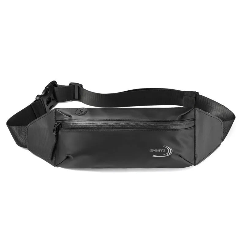A man's waterproof polyester waist bag in a solid colour, shown with its compact dimensions.