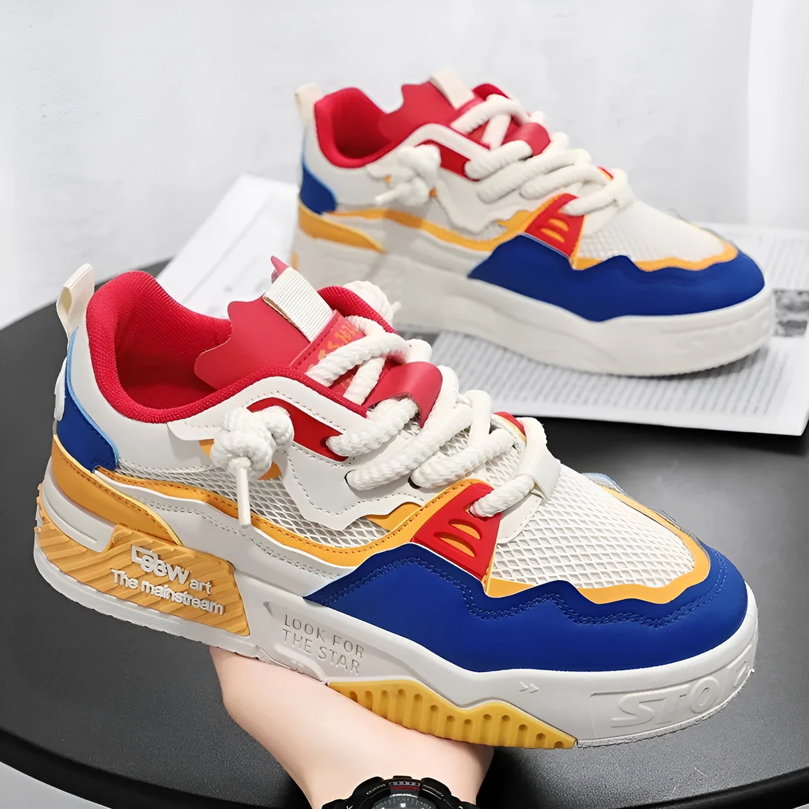Men's white and yellow low-top board shoes with colour matching pattern and rubber sole