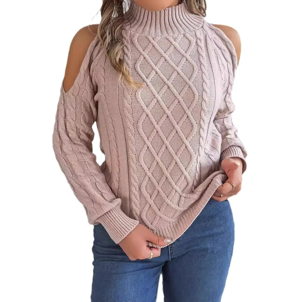 Grey strapless women's sweater with a twist pattern, half-high collar, and long lantern sleeves.
