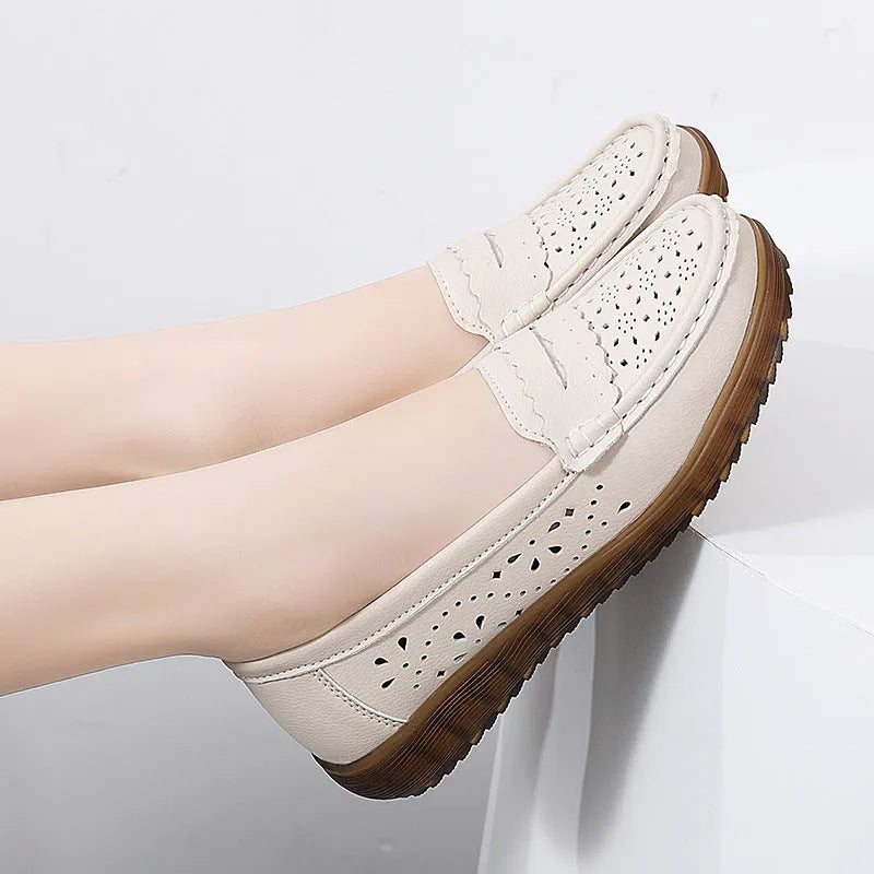 Women's breathable cutout flat shoes with tendon bottom soft sole in beige hollow style