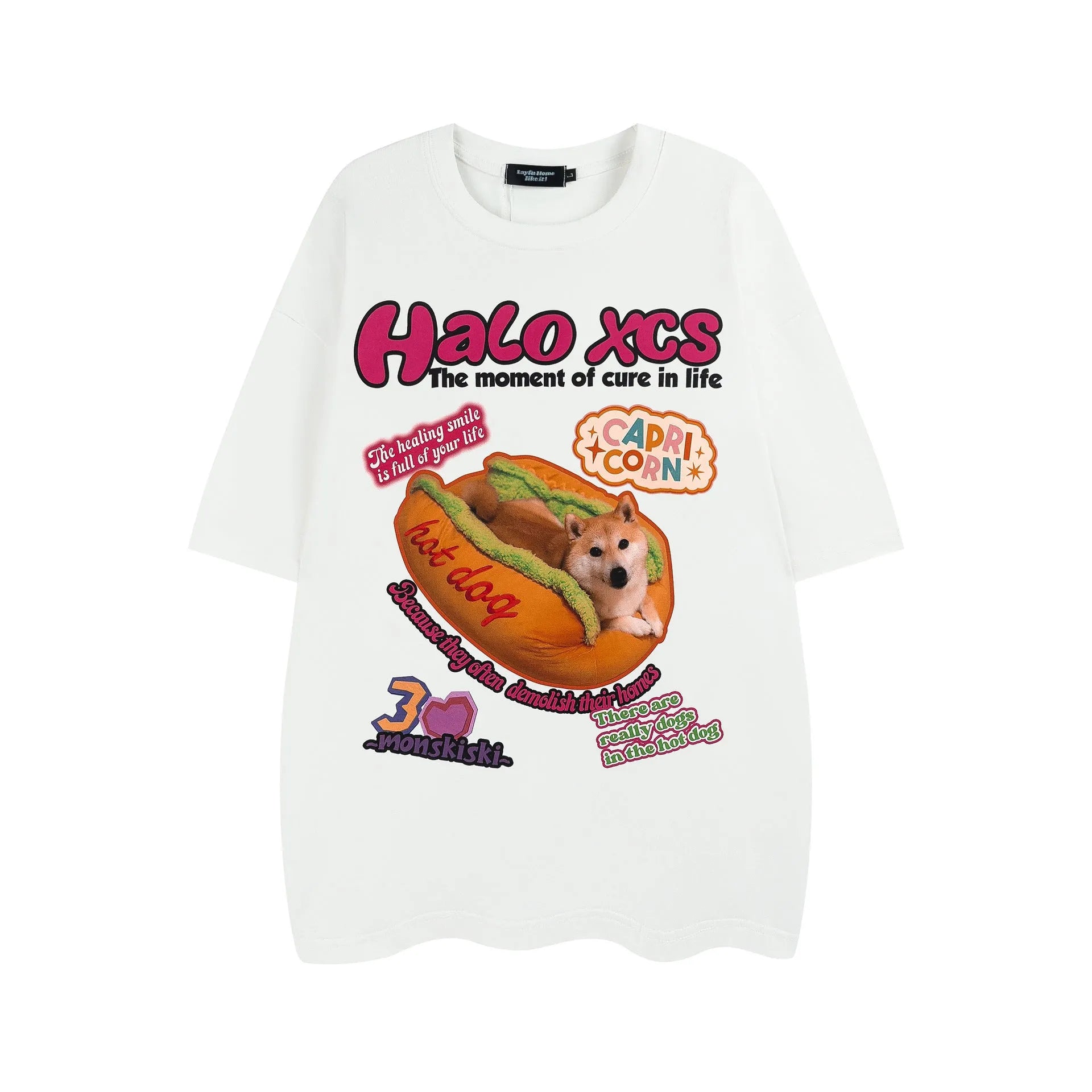 Cartoon hamburger dog printed short-sleeved T-shirt in 100% cotton