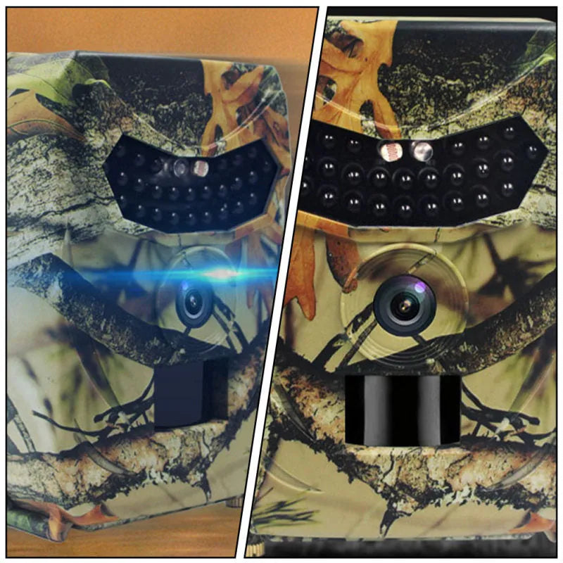 Yellow brown plastic 16MP infrared hunting scouting camera showing lens and display.