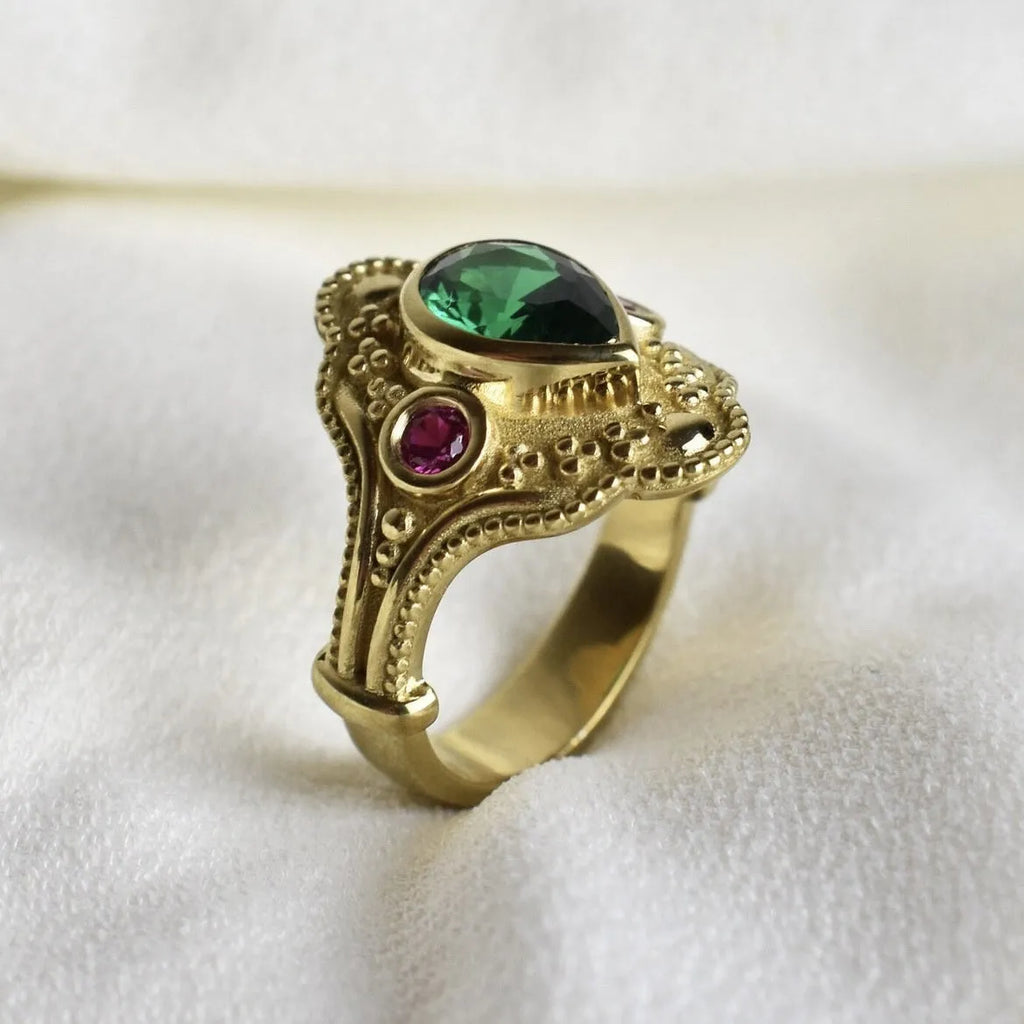 Women's gold-plated geometric ring with electroplated golden lvzuan finish showing side view