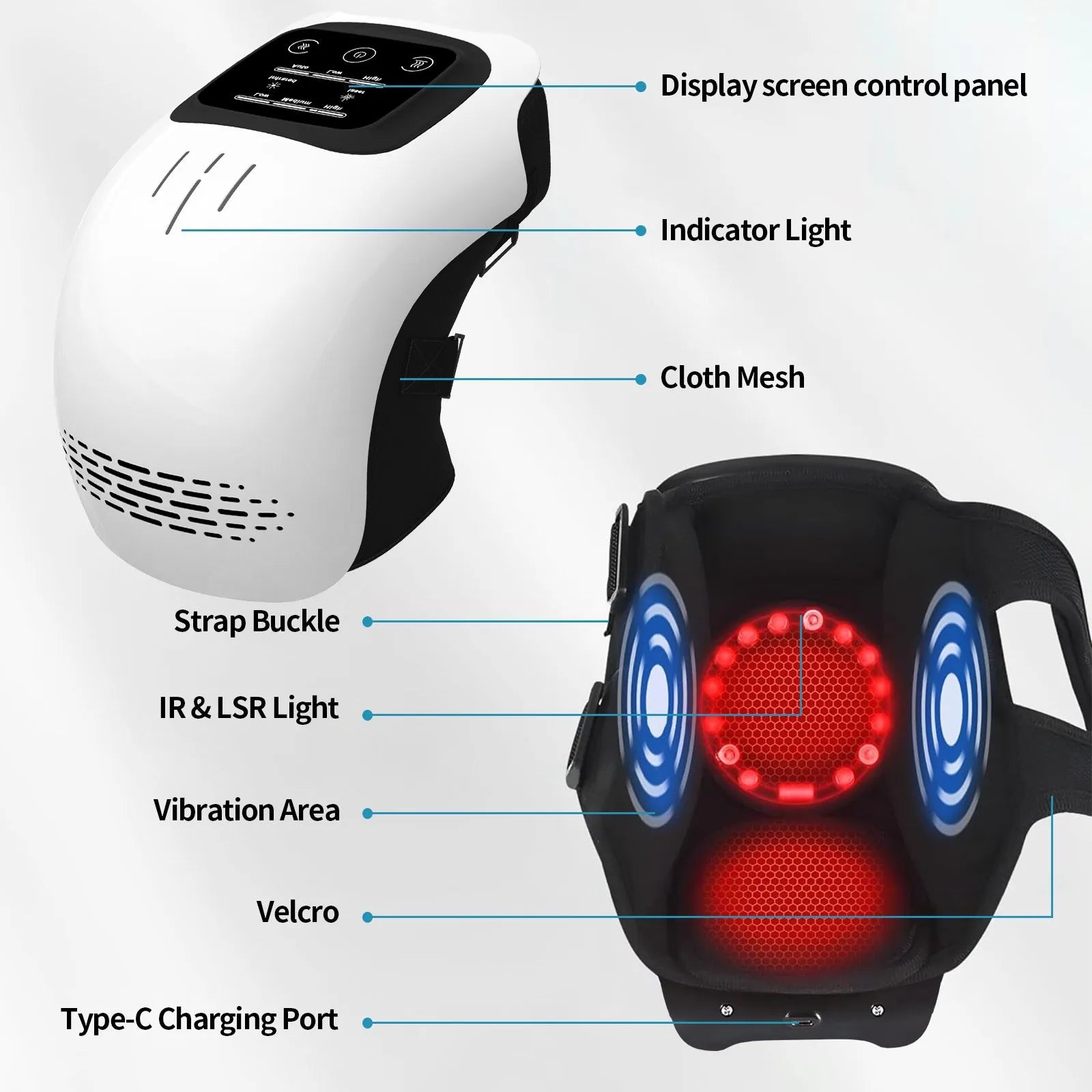 Electric knee massager with heating and vibration functions in white and wood colour options