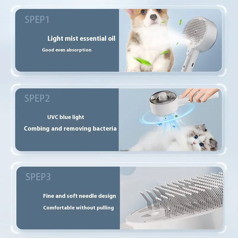 Ceramic white pet grooming brush with mist spray function and UV-C sterilisation light for dogs and cats.