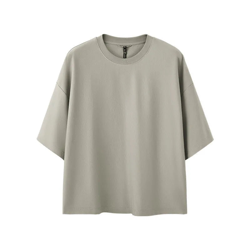 Men's sand grey loose fit short sleeve cotton polyester t-shirt on a hanger.