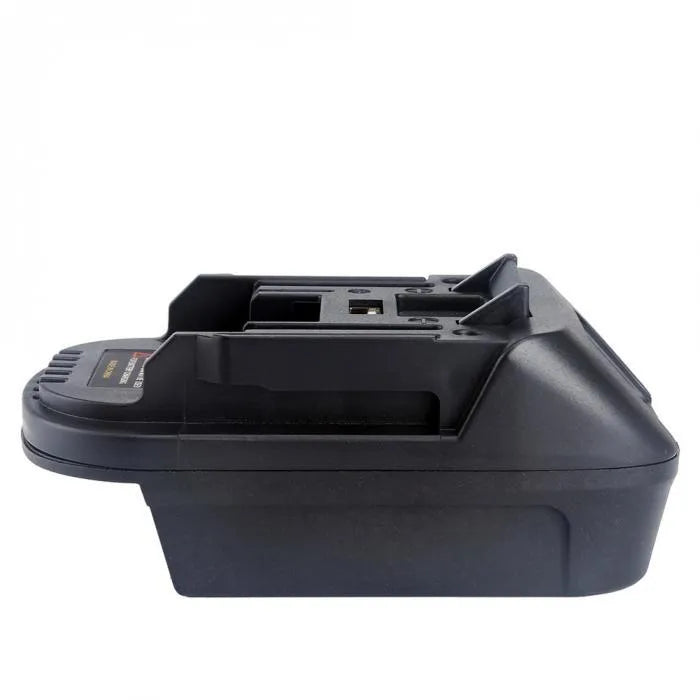 Black battery adapter converting Milwaukee DM18M to Makita H99F tools, 125x90x65mm