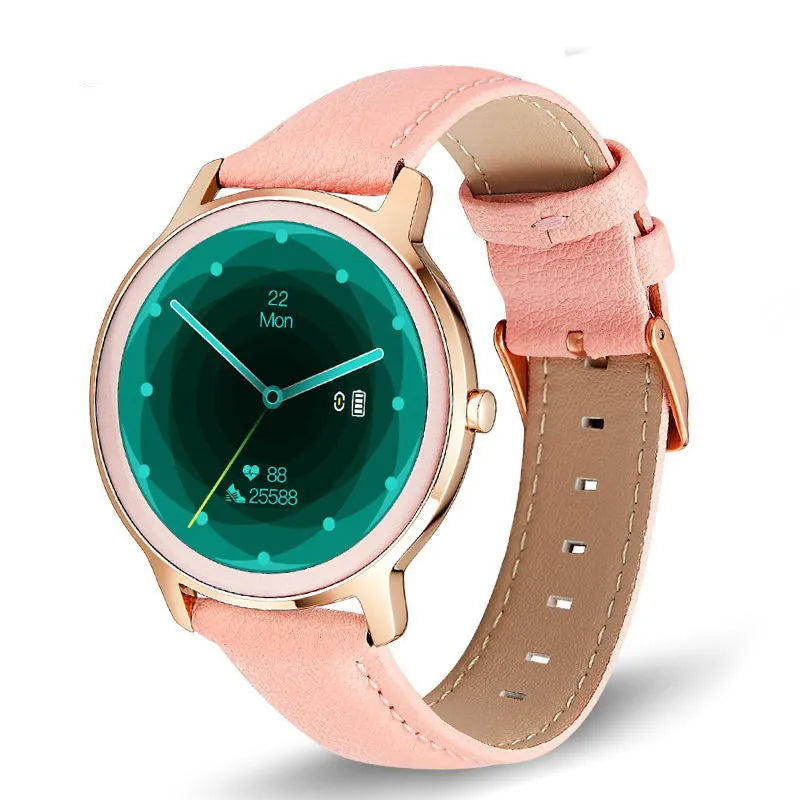 Women's silver smart watch with stainless steel wristband showing 1.3-inch touch screen display