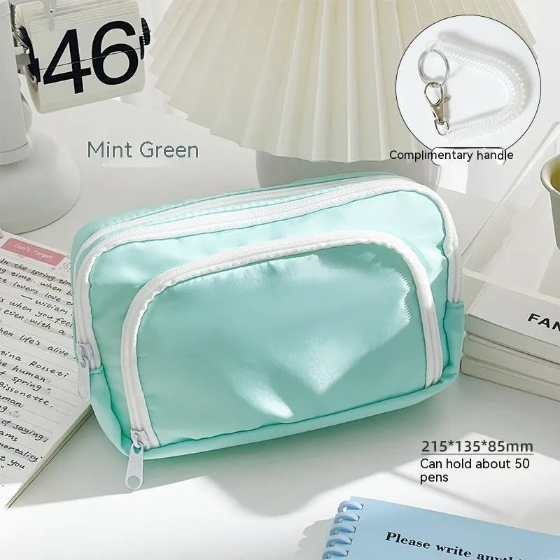 Double layer pencil case in solid colour with gift handle for high-capacity stationery storage