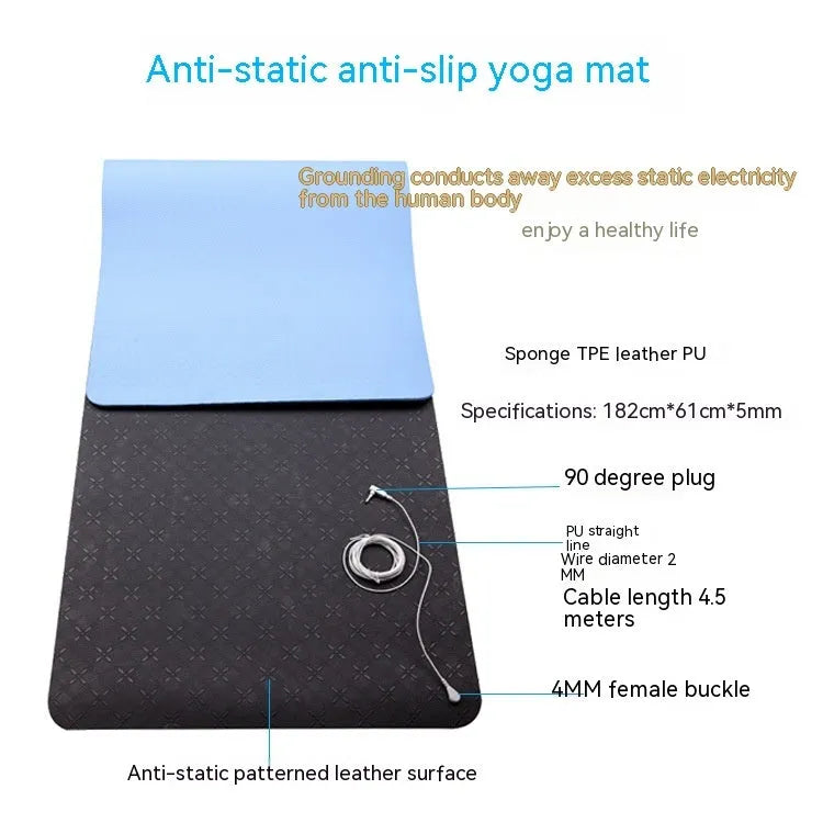 Blue conductive yoga mat with plants pattern and grounding wire, dimensions 182x61cm.