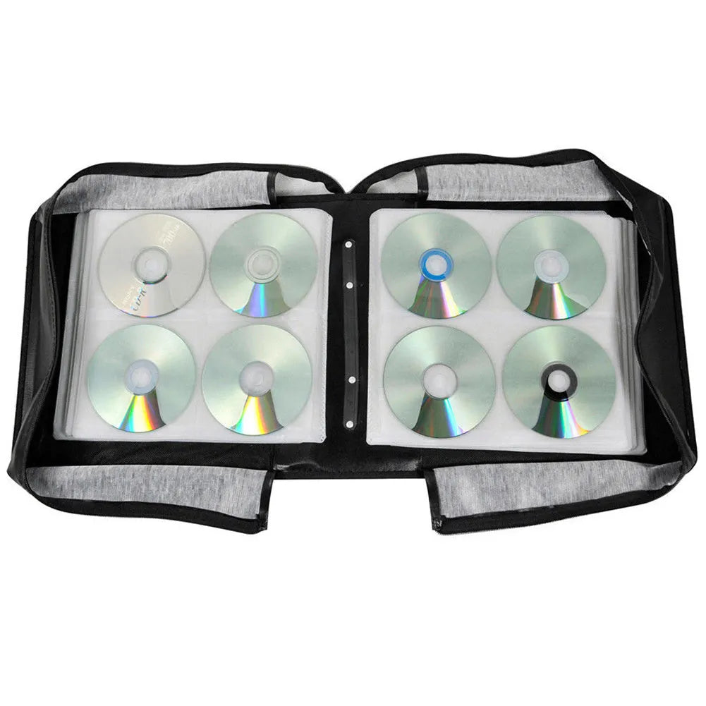 Black oxford cloth CD DVD storage organiser bag with zipper and top carry strap.