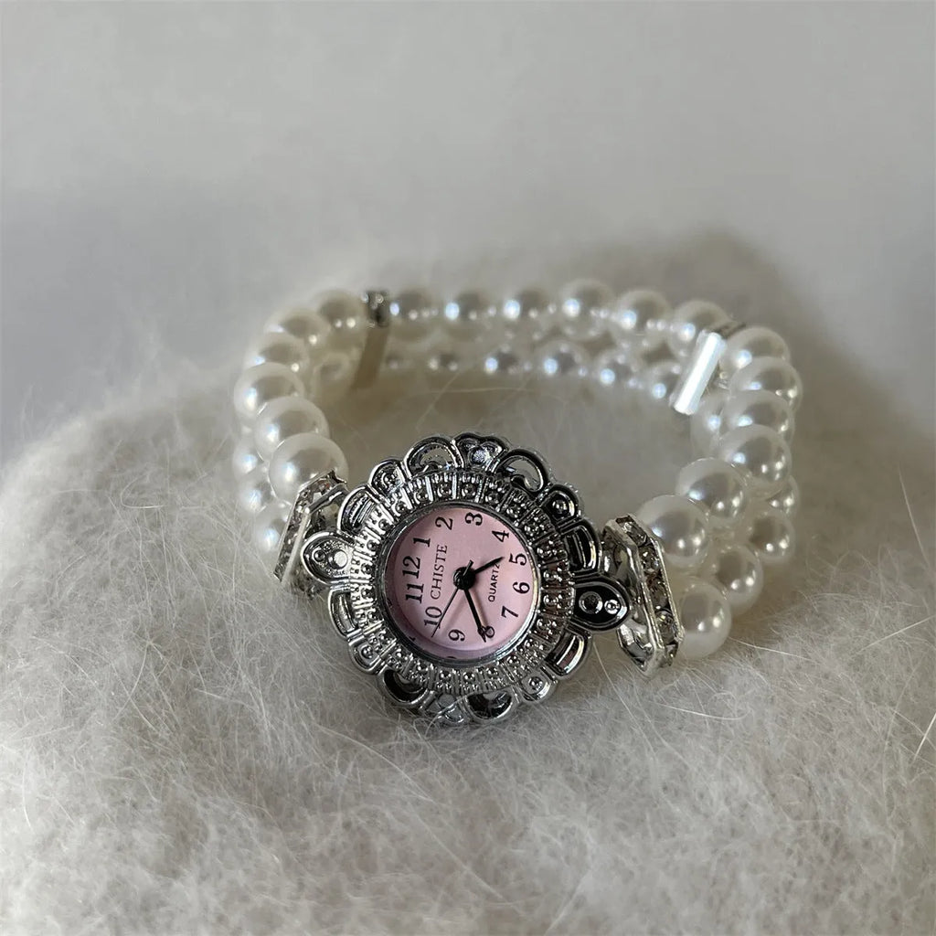 Women's quartz pearl bracelet watch with alloy case and glass mirror face