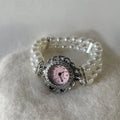 Women's quartz pearl bracelet watch with alloy case and glass mirror face