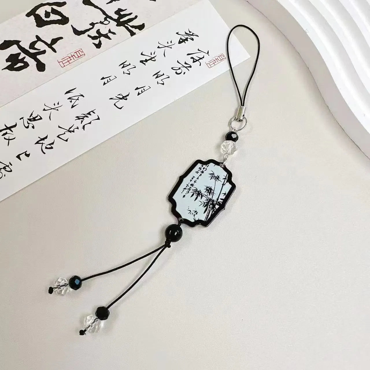 Guofeng Chinese floral bead pendant keychain with baking varnish finish in Fan colour option