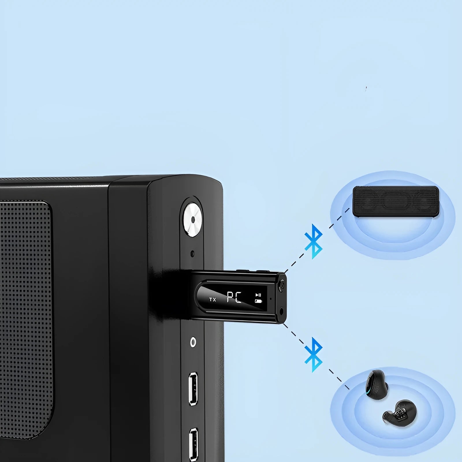 Black USB car FM Bluetooth transmitter and receiver for wireless music and hands-free calls.