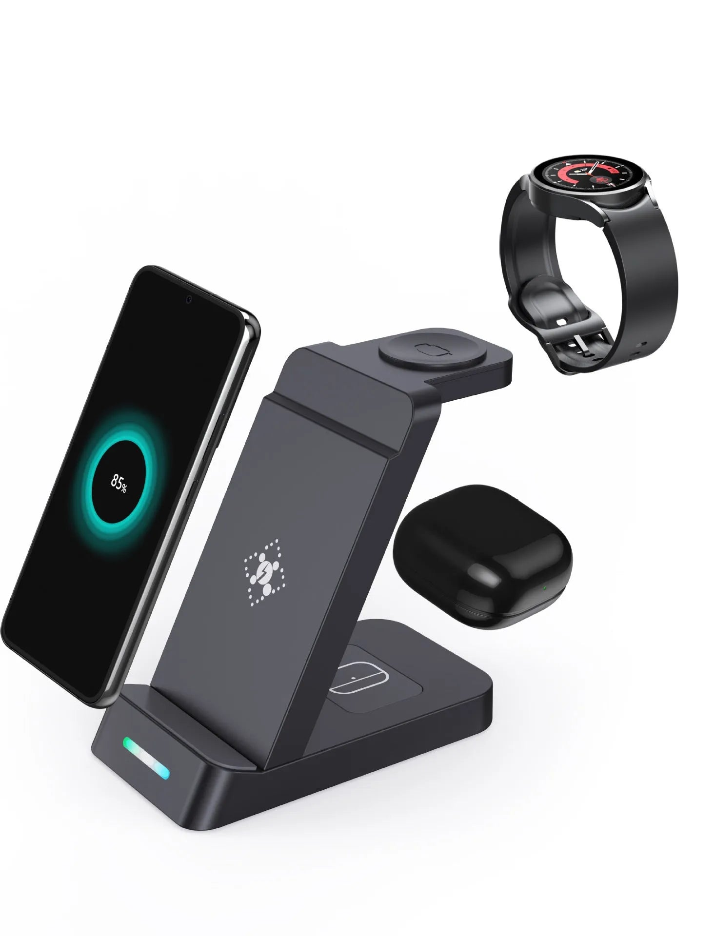 Black or white 3-in-1 wireless charging stand for phone, AirPods and watch, showing phone in stand mode.