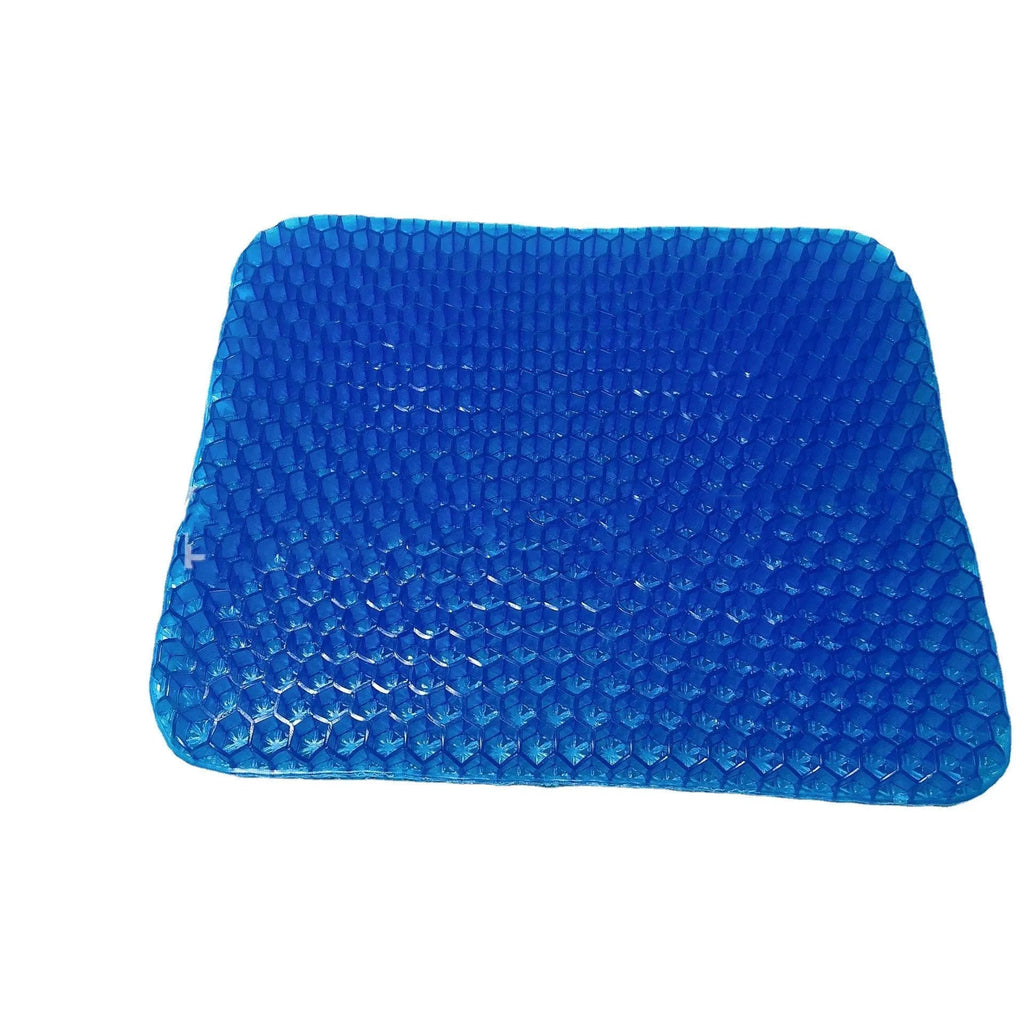 Square breathable honeycomb gel seat cushion with removable PVC cover on a chair.