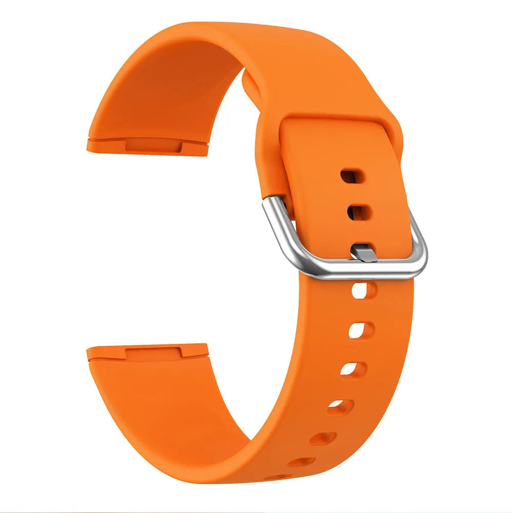Silicone replacement strap with silver buckle for Fitbit Versa 3 and Sense 2 in multiple solid colour options.