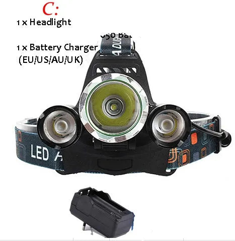 Aluminium alloy rechargeable headlamp with adjustable headband and bright Cree LED light.