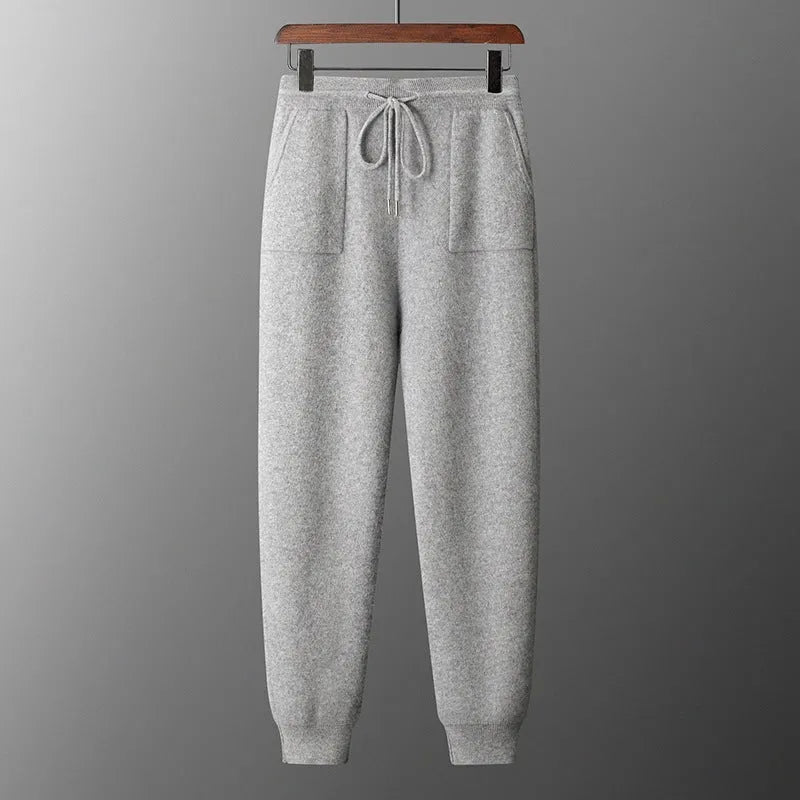 Men's light grey cashmere hooded sweatshirt and matching trousers casual set displayed together