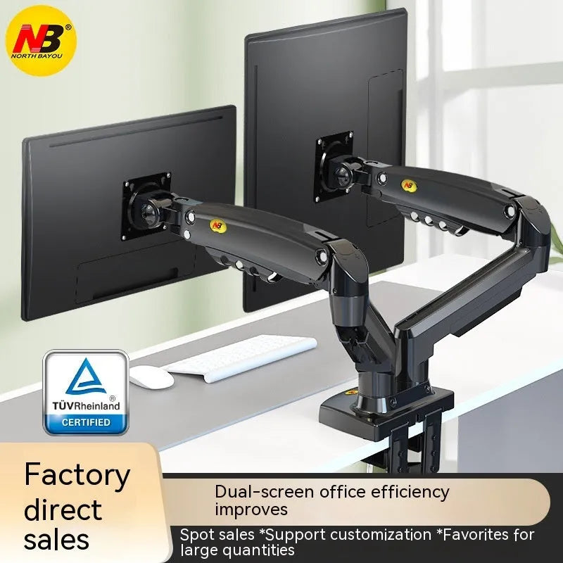 Black dual monitor desk mount bracket with VESA plates and a height-adjustable lifting arm.