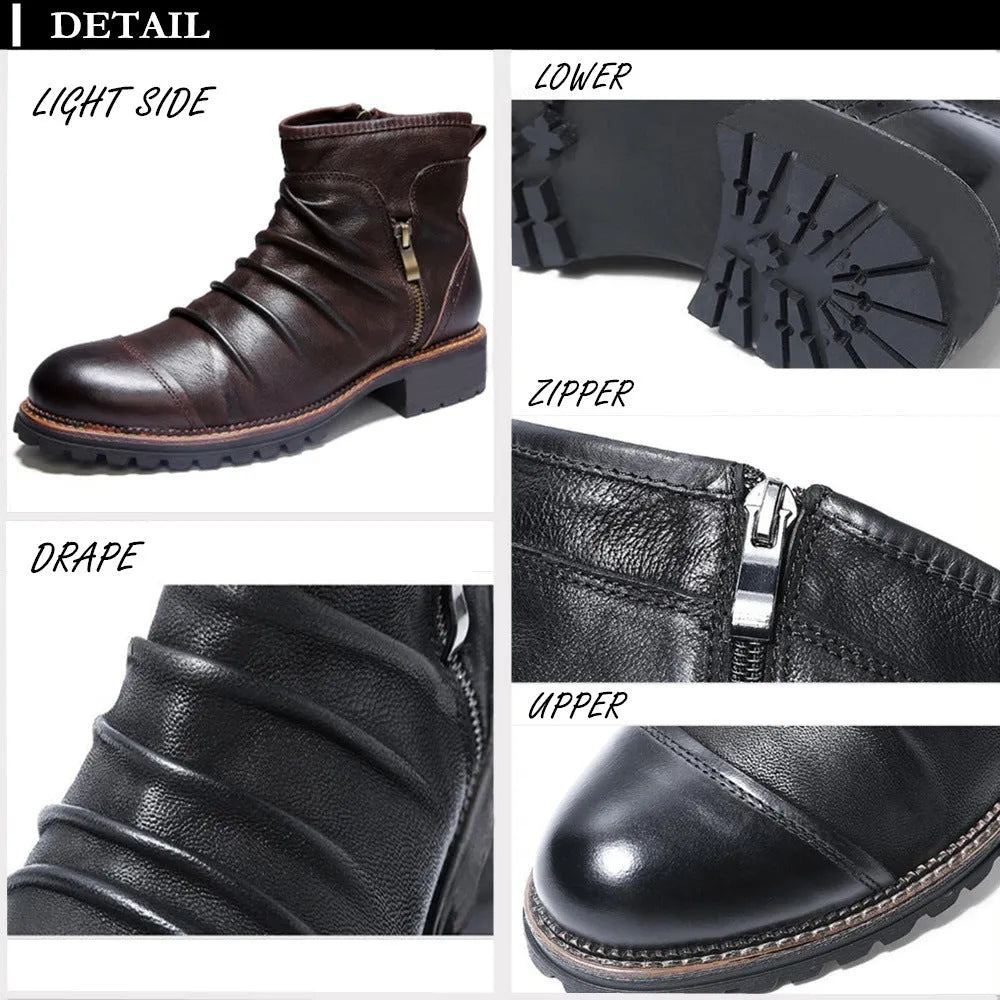 Men's black side-zip cowboy boots with a mid-calf shaft and horseshoe heel on a plain background