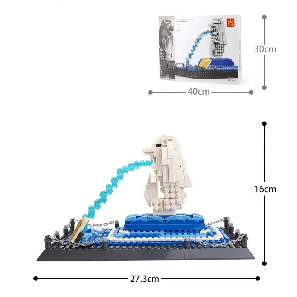 Wange building block set showing over 800 small ABS plastic pieces for constructing global landmark models.